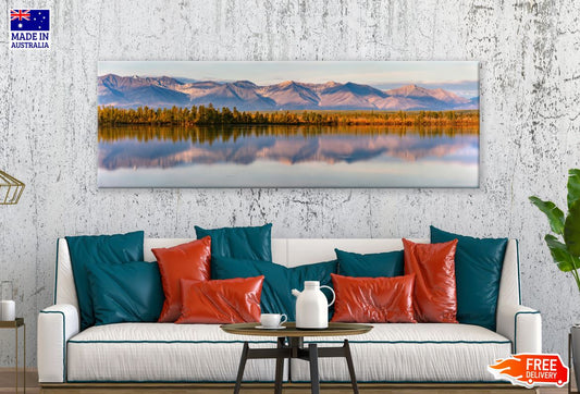 Panoramic Canvas Reflection of Mountains on a Calm Lake at Sunset Autumn Landscape View High Quality 100% Australian made wall Canvas Print ready to hang