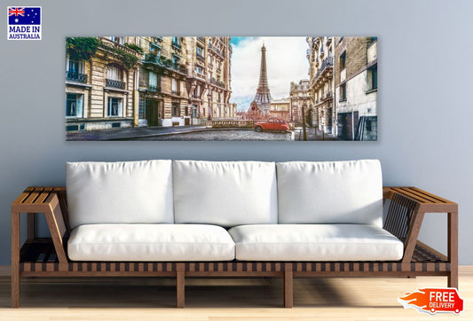 Panoramic Canvas Paris Street with View on the Eiffel Tower High Quality 100% Australian made wall Canvas Print ready to hang