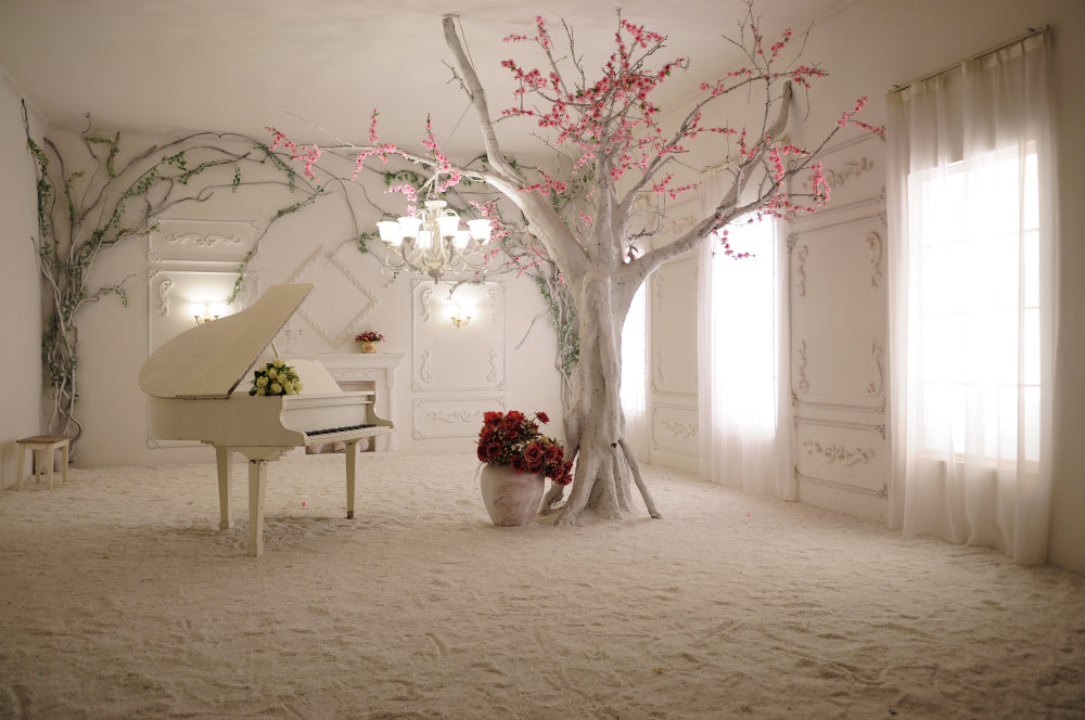 Wallpaper Murals Peel and Stick Removable Tree & Piano with Flowers in A room High Quality