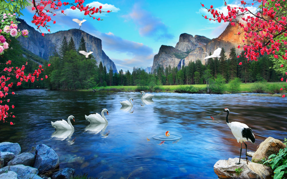 Wallpaper Murals Peel and Stick Removable Lake, Birds & Mountain View High Quality