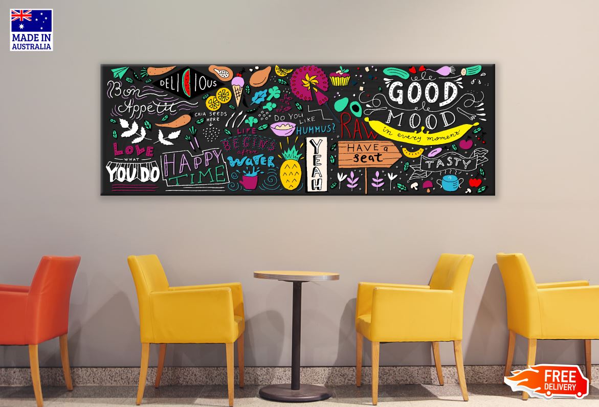 Panoramic Canvas Chalkboard Doodle Food Banner High Quality 100% Australian made wall Canvas Print ready to hang