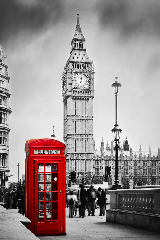 B&W London Clock Tower & Red Phone Booth Print 100% Australian Made