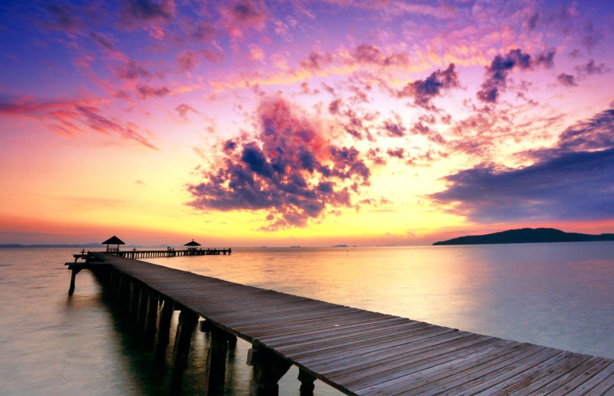 Wallpaper Murals Peel and Stick Removable Wooden Pier Over a Lake at Sunset High Quality