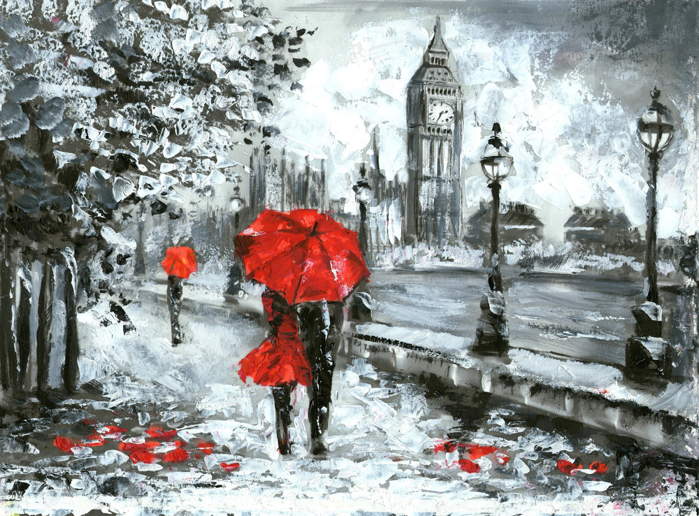 Wallpaper Murals Peel and Stick Removable B&W City with Couple Under Red Umbrellas Painting High Quality