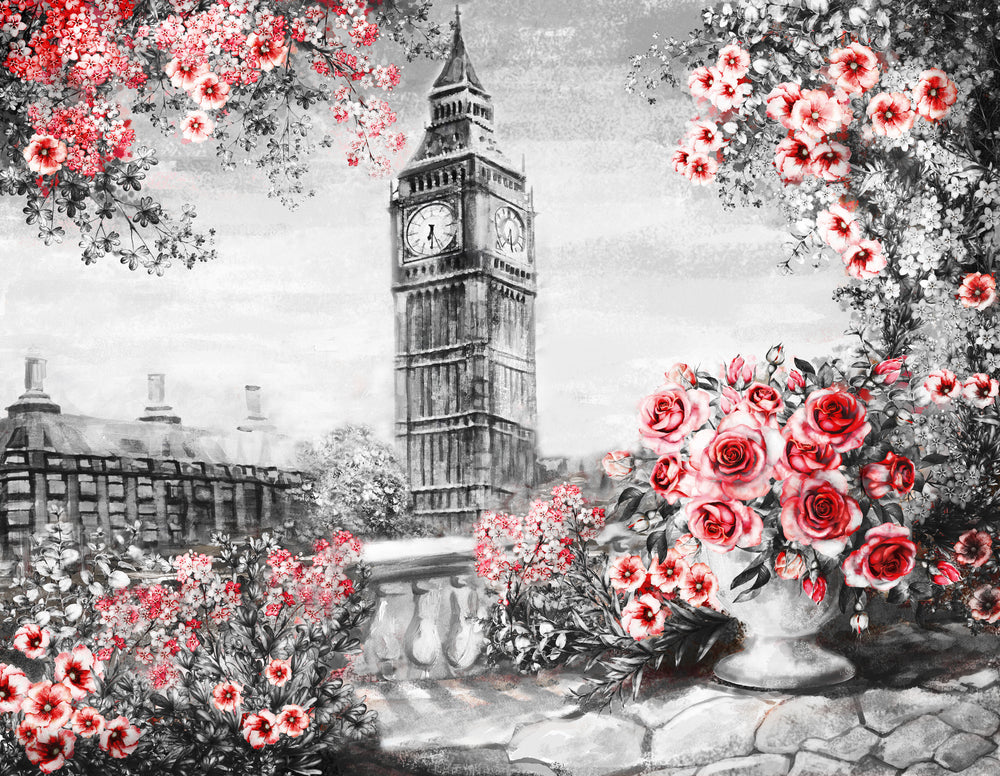 London Clock Tower & Floral Design B&W Painting Print 100% Australian Made