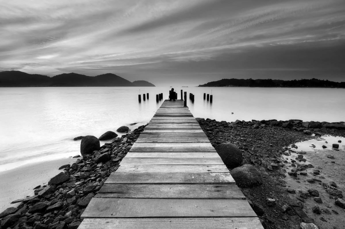 Wallpaper Murals Peel and Stick Removable Wooden Pier Over Beach B&W Photograph High Quality