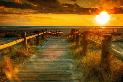 Wallpaper Murals Peel and Stick Removable Wooden Path to Beach at Sunset Photograph High Quality