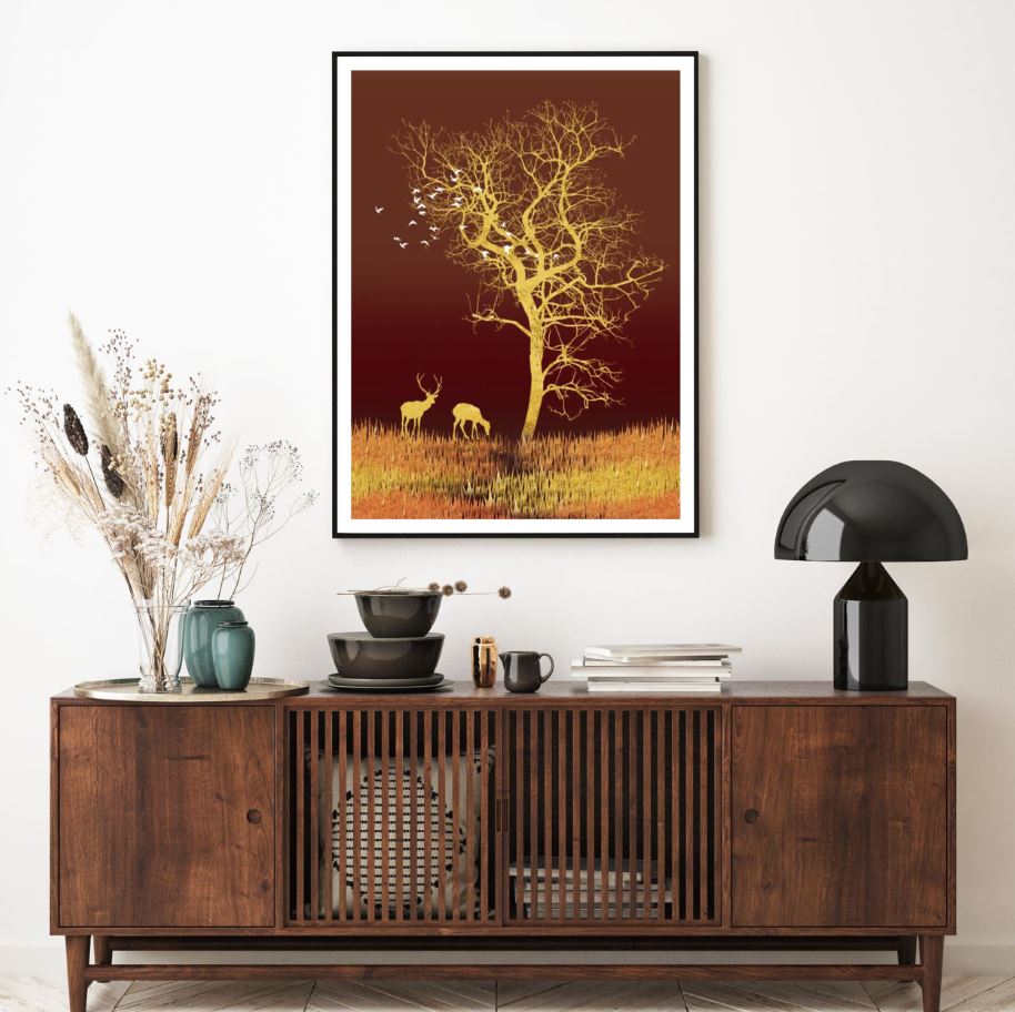 Gold Tree & Deers Abstract Design Home Decor Premium Quality Poster Print Choose Your Sizes