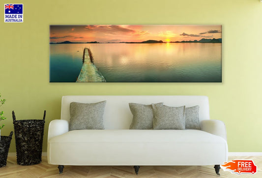 Panoramic Canvas Pier Over Lake Sunset Photograph High Quality 100% Australian made wall Canvas Print ready to hang