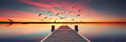 Panoramic Canvas Sunset Wooden Pier Birds Flying High Quality 100% Australian made wall Canvas Print ready to hang