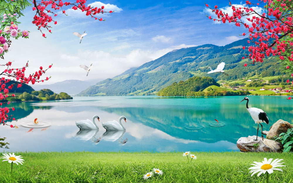 Wallpaper Murals Peel and Stick Removable Swans In Lake with Mountain View High Quality