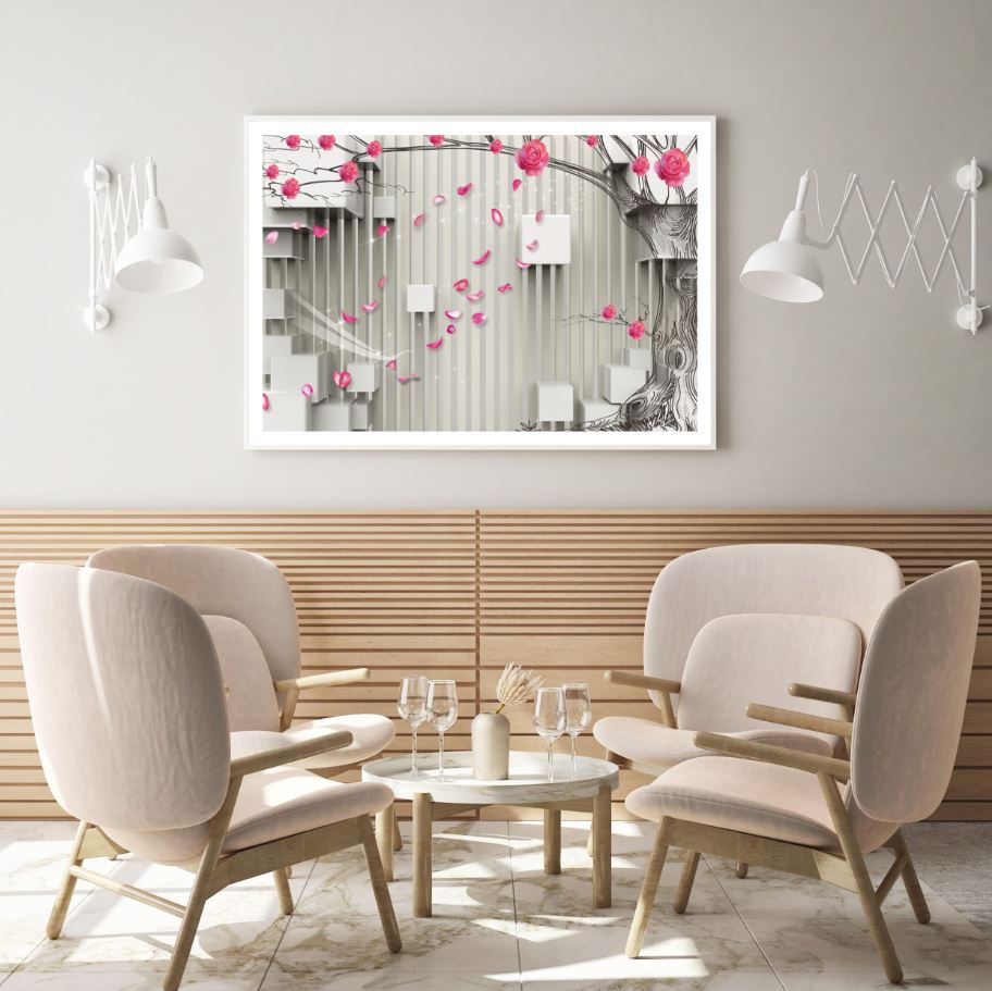 Pink Flowers & Square Wall 3D Art Home Decor Premium Quality Poster Print Choose Your Sizes