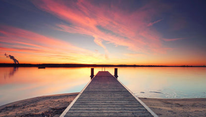 Wallpaper Murals Peel and Stick Removable Wooden Pier Over Lake at Sunset High Quality