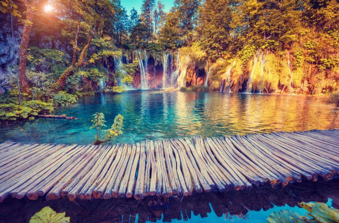 Wallpaper Murals Peel and Stick Removable Stunning Lake with Small Waterfalls with Wooden Pier High Quality