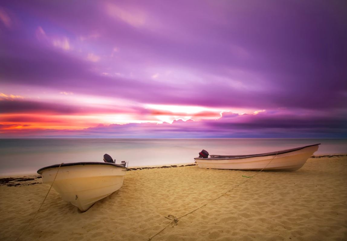 Wallpaper Murals Peel and Stick Removable Stunning Beach with Boats on Shore at Sunset Photograph High Quality