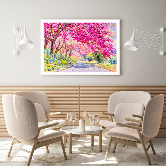 Pink Flower Trees & Road Painting Home Decor Premium Quality Poster Print Choose Your Sizes