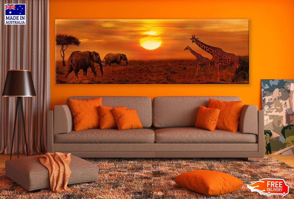 Panoramic Canvas Elephants and Giraffes at Sunset High Quality 100% Australian made wall Canvas Print ready to hang