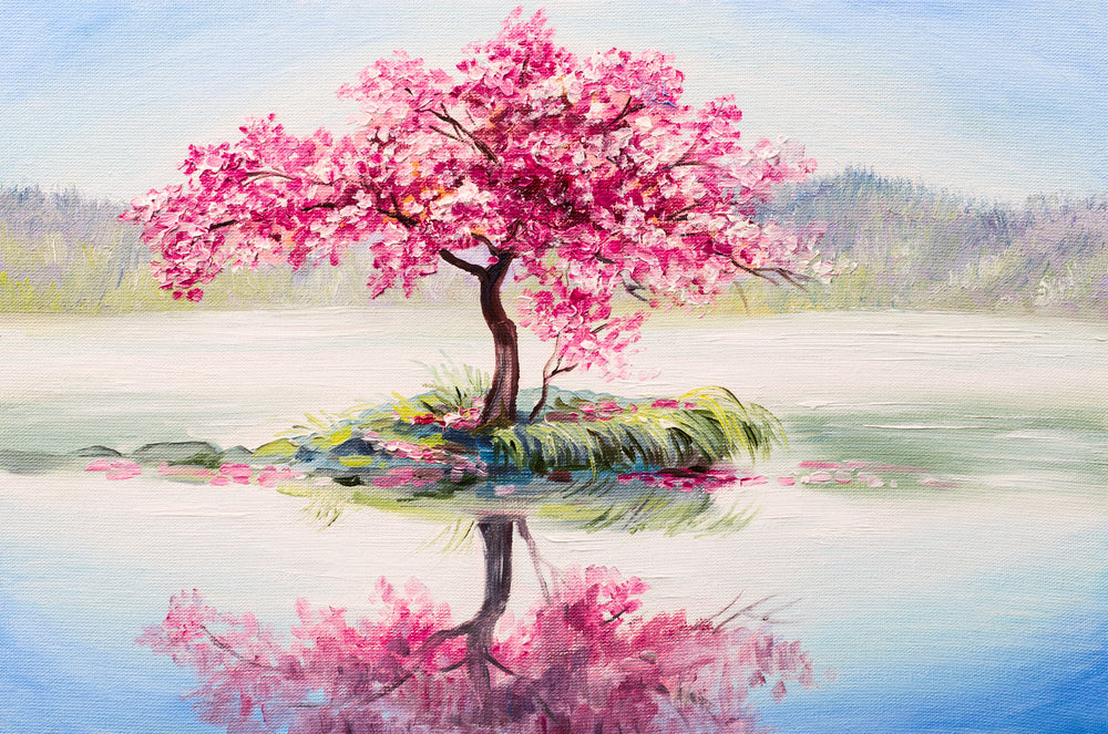 Tree in a Lake with Rose Flowers Painting Print 100% Australian Made