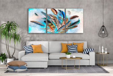 3 Set of Colorful Feathers Watercolor Painting High Quality Print 100% Australian Made Wall Canvas Ready to Hang