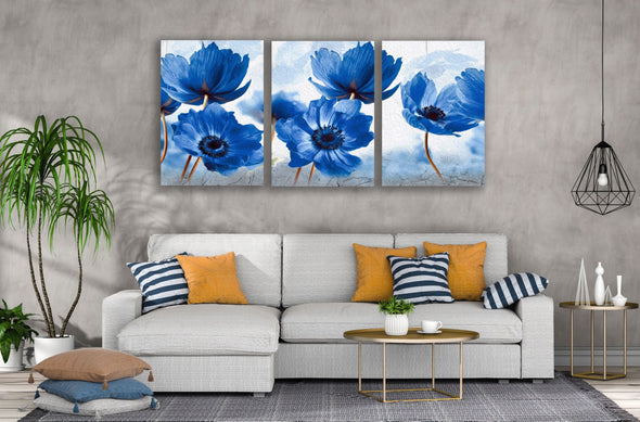 3 Set of Blue Floral Painting High Quality Print 100% Australian Made Wall Canvas Ready to Hang