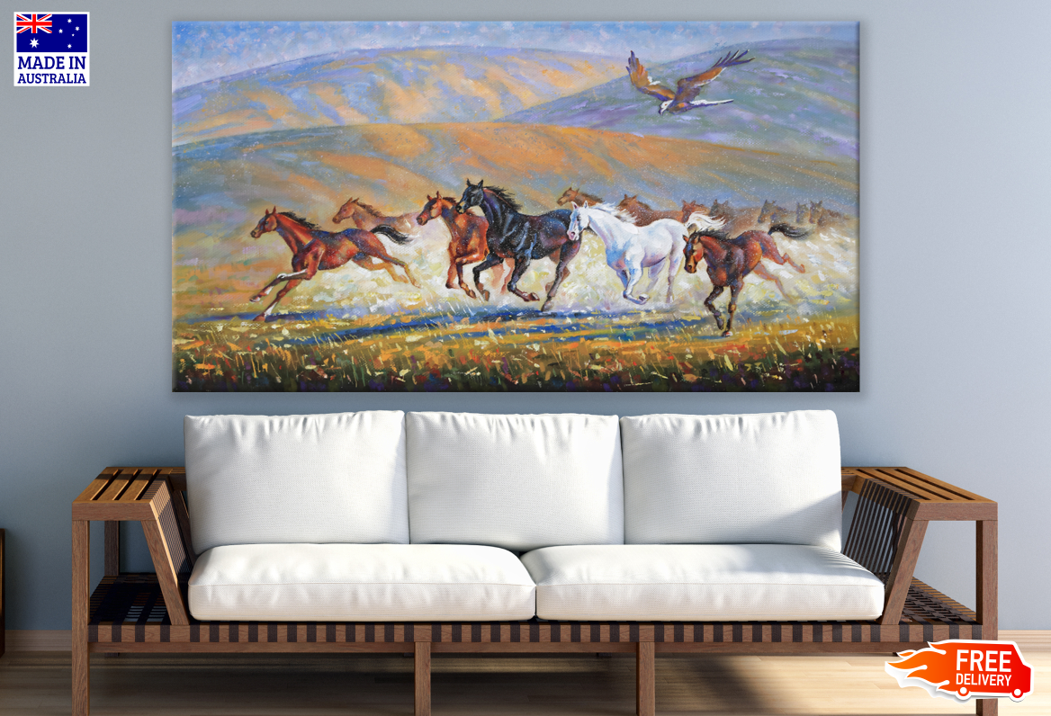 Horses Running and Eagle Flying into Same Direction Painting Print 100% Australian Made