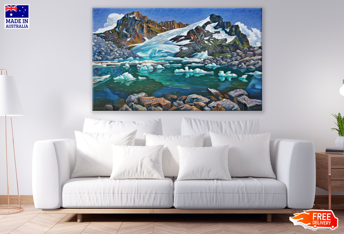 Mountain View With Snow Beach Painting Print 100% Australian Made