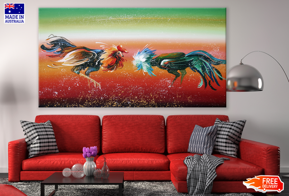 Roosters Fighting Painting Print 100% Australian Made
