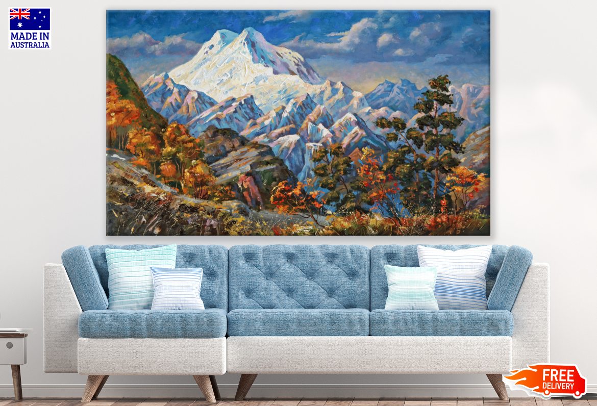 Snow Capped Mountain & Forest Painting Print 100% Australian Made