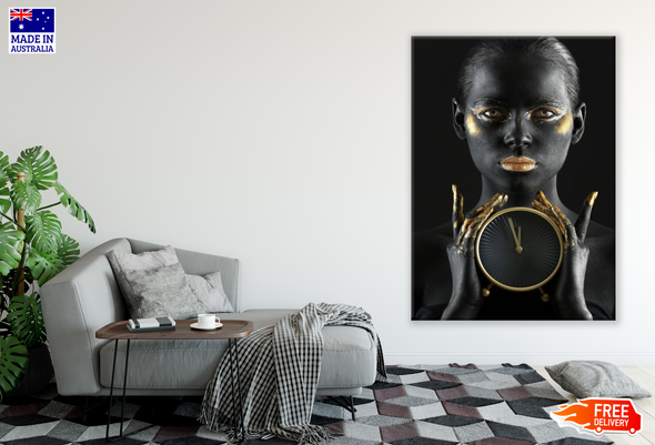 Girl Portrait Makeup Gold Clock Print 100% Australian Made
