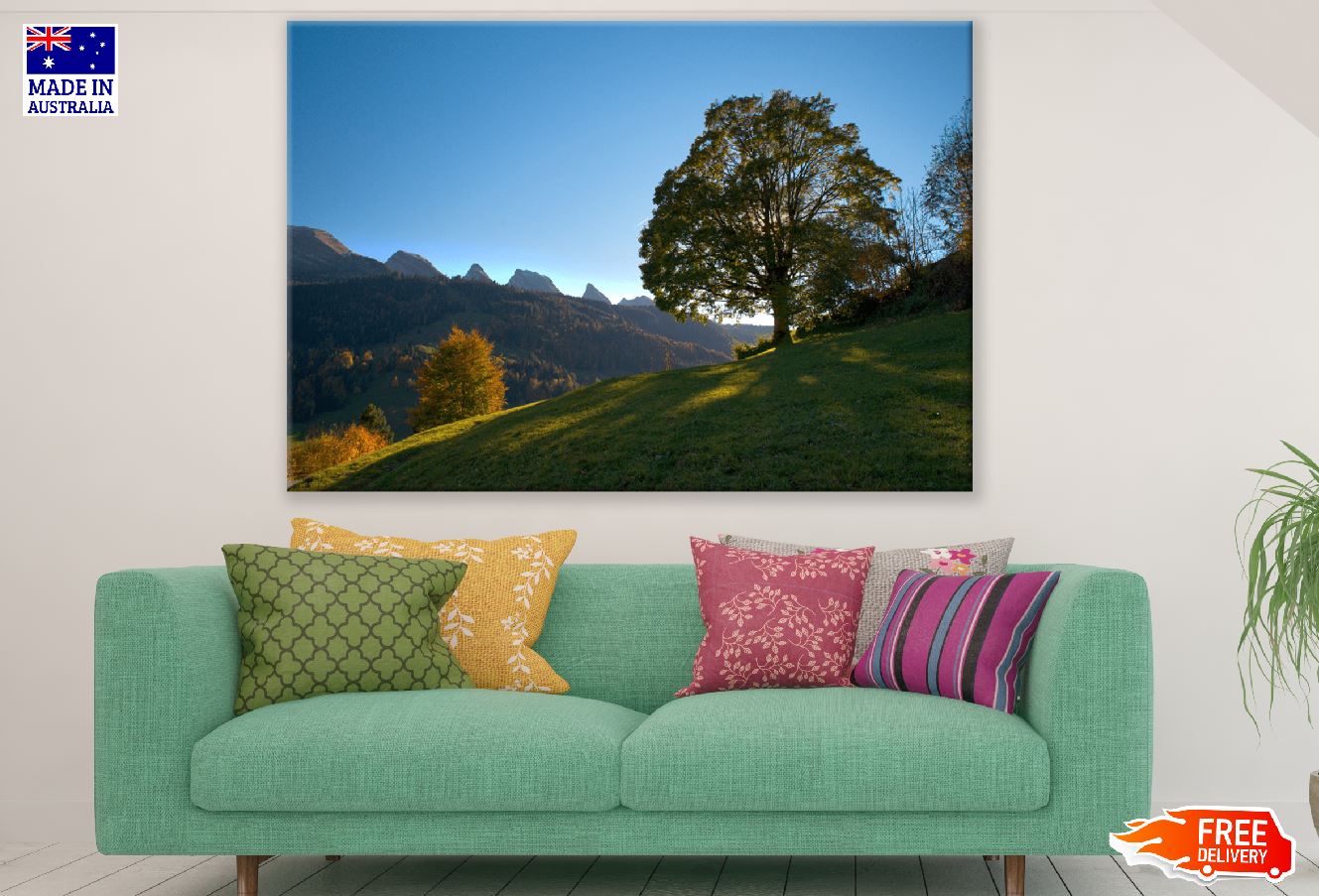 Autumn Tree over Mountains Sunset Photograph Print 100% Australian Made