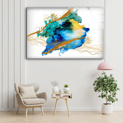 Green Blue Yellow & Gold Abstract Design Acrylic Glass Print Tempered Glass Wall Art 100% Made in Australia Ready to Hang