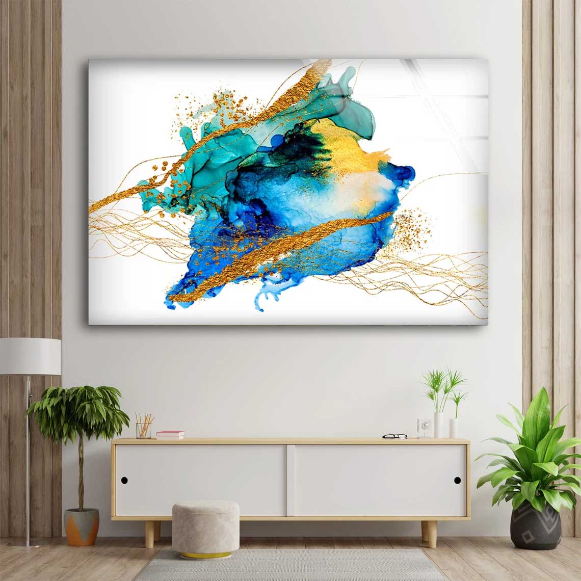 Green Blue Yellow & Gold Abstract Design Acrylic Glass Print Tempered Glass Wall Art 100% Made in Australia Ready to Hang