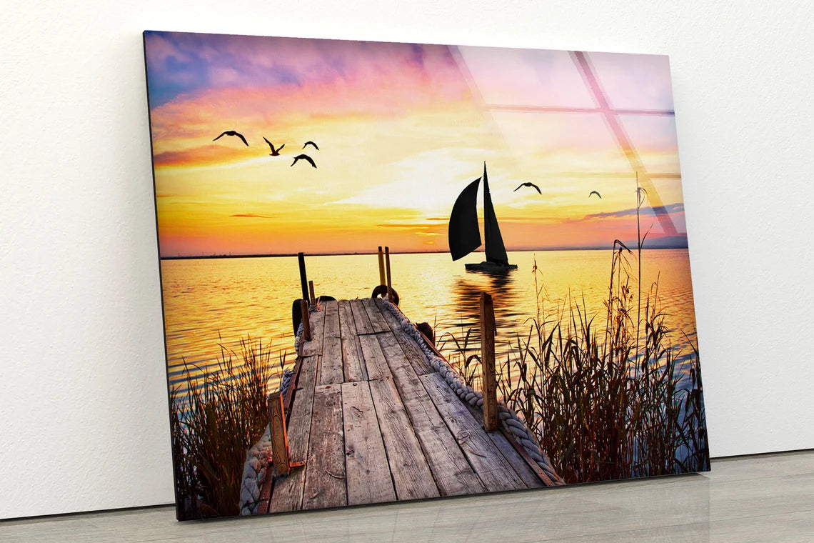 Wooden Pier & Boat on Lake Sunset View Photograph Acrylic Glass Print Tempered Glass Wall Art 100% Made in Australia Ready to Hang