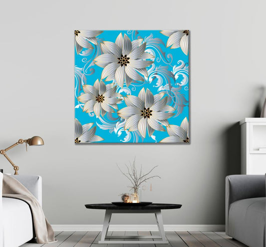 Square Canvas White Flowers on Blue Design High Quality Print 100% Australian Made