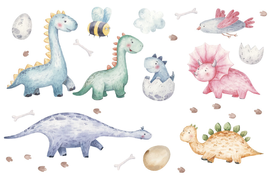 Colorful Dinosaurs Watercolor Painting Nursery & Kids Print 100% Australian Made