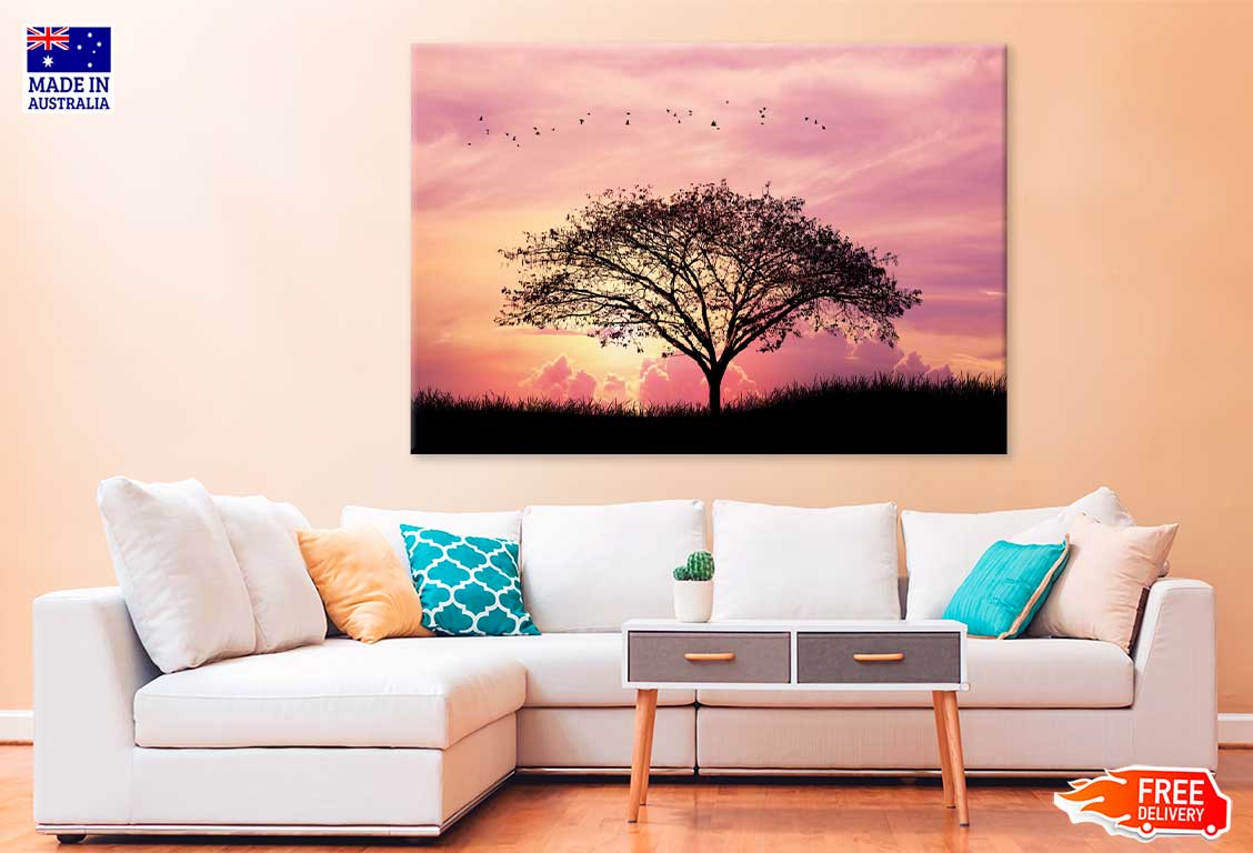 Alone Tree on Field Pink Sky Scenery Photograph Print 100% Australian Made