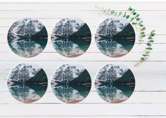 Alpine Lake View Coasters Wood & Rubber - Set of 6 Coasters