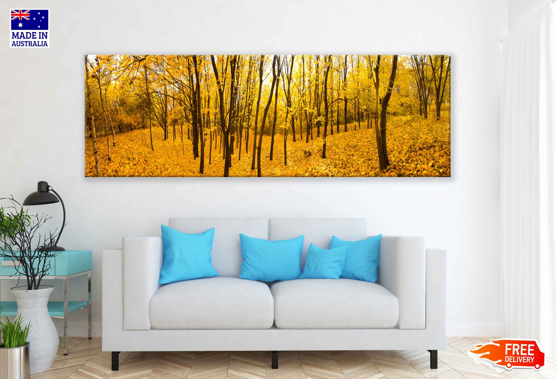 Panoramic Canvas Yellow Autumn Trees View Photograph High Quality 100% Australian Made Wall Canvas Print Ready to Hang