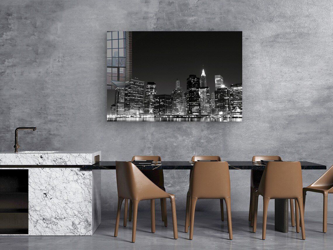 B&W Night Cityscape Print Tempered Glass Wall Art 100% Made in Australia Ready to Hang