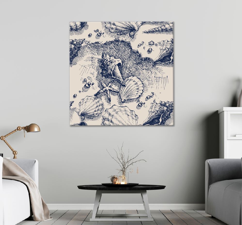 Square Canvas Sand & Sea Shells Monochrome Design High Quality Print 100% Australian Made