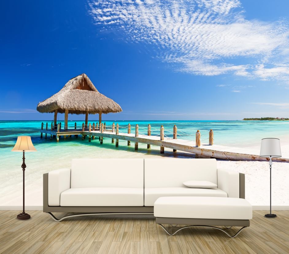 Wallpaper Murals Peel and Stick Removable Hut on a Wooden Pier Over the Beach High Quality