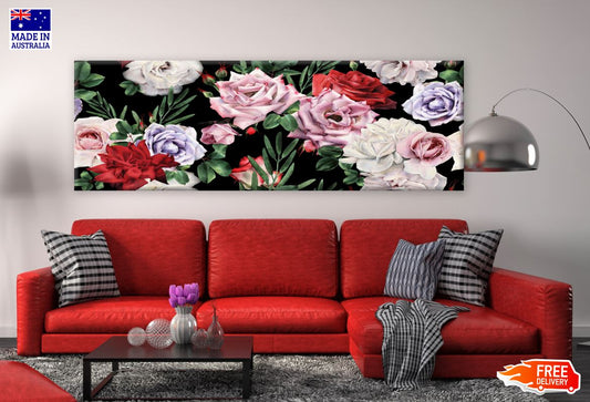 Panoramic Canvas Colourful Rose Flowers Art High Quality 100% Australian made wall Canvas Print ready to hang