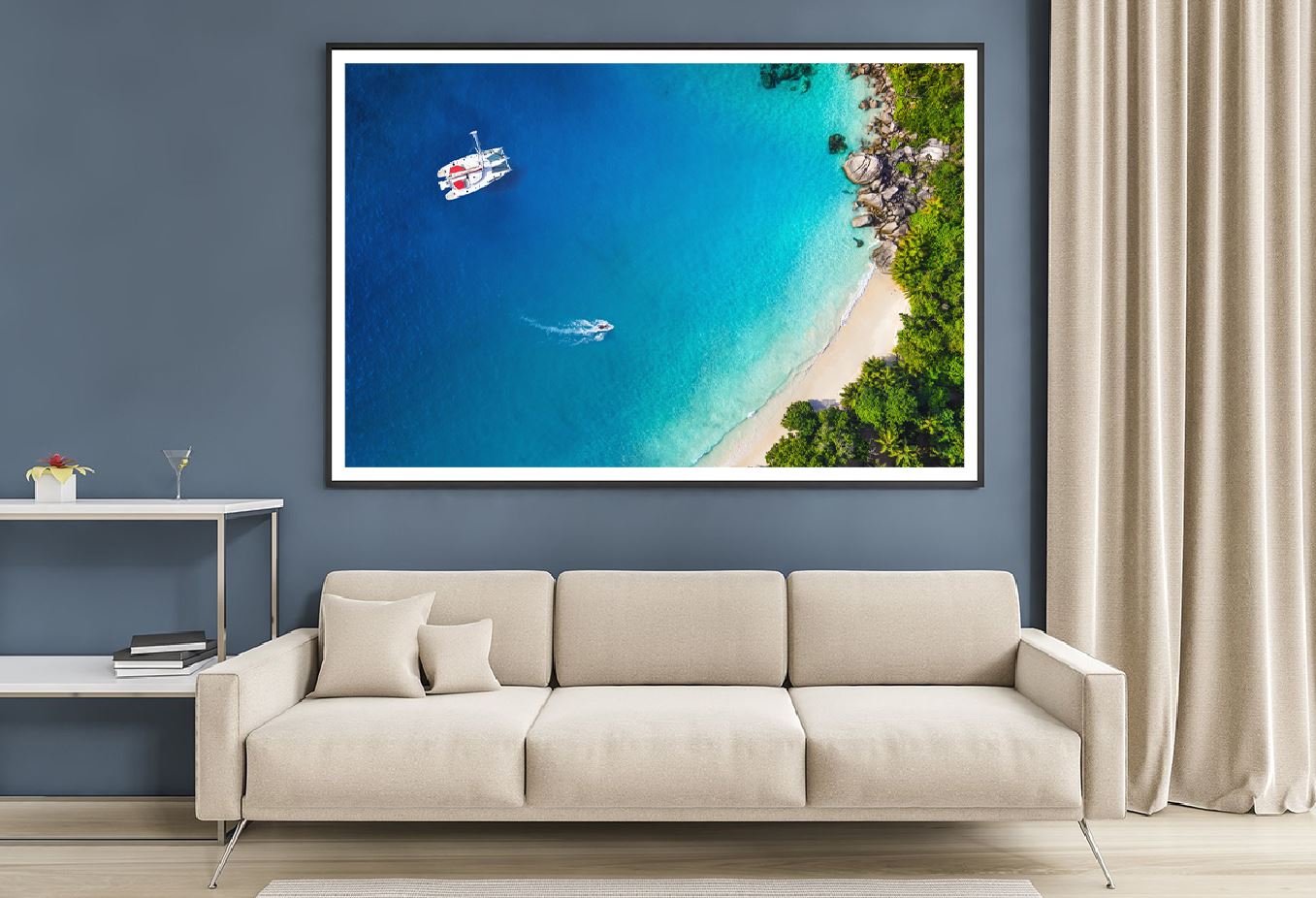 Yacht in Bay with Beach Aerial View Photograph Home Decor Premium Quality Poster Print Choose Your Sizes