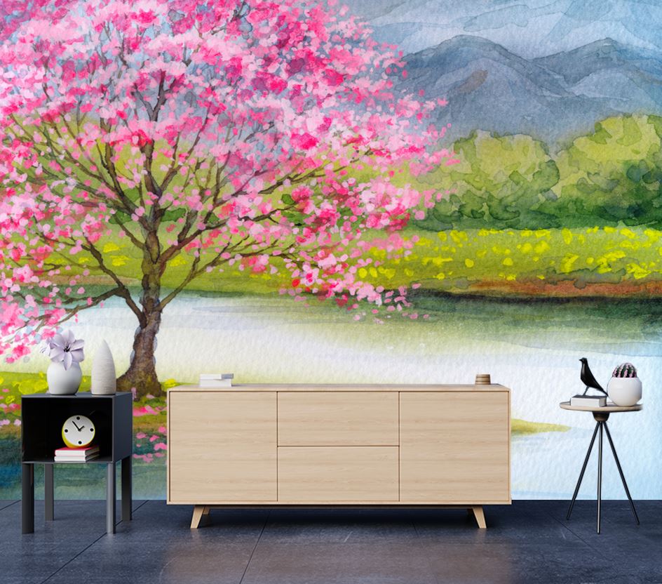 Wallpaper Murals Peel and Stick Removable Peach Tree & Lake View Scenery Watercolor Painting High Quality