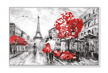 Eiffel Tower & Red Trees with Couple Watercolor Painting Wall Art Limited Edition High Quality Print Canvas Box Framed White