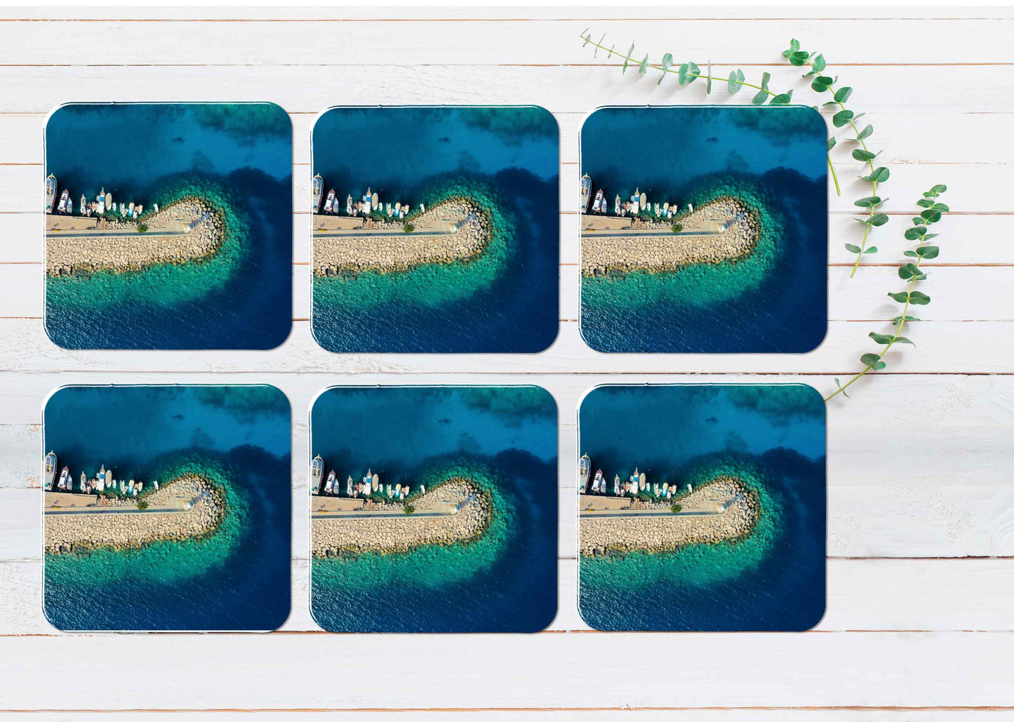 Boats on Island Calm Sea Aerial View Coasters Wood & Rubber - Set of 6 Coasters