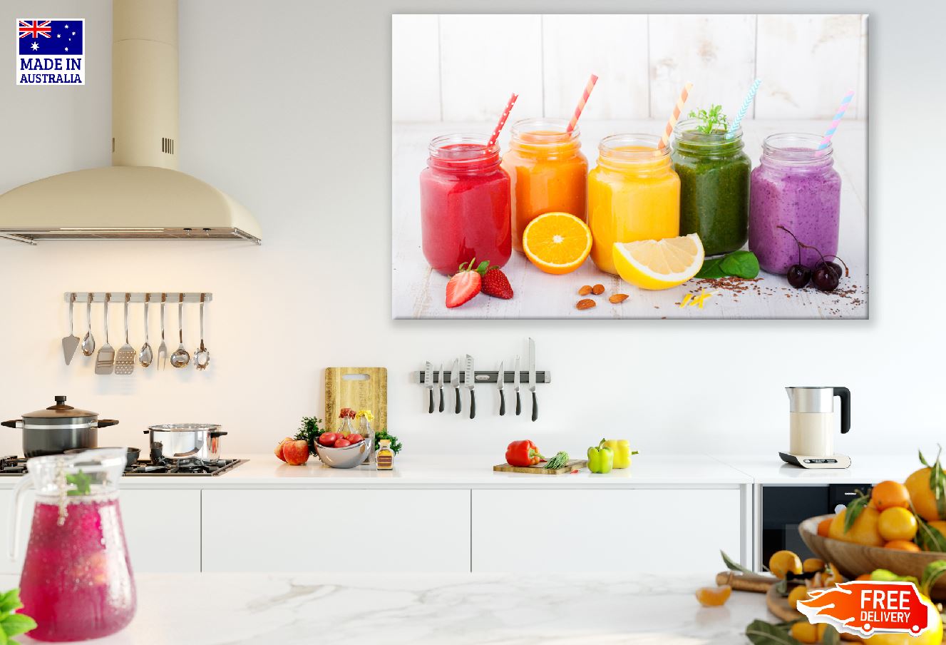 Fresh Fruits and Berries Juices with Glasses Photograph Print 100% Australian Made