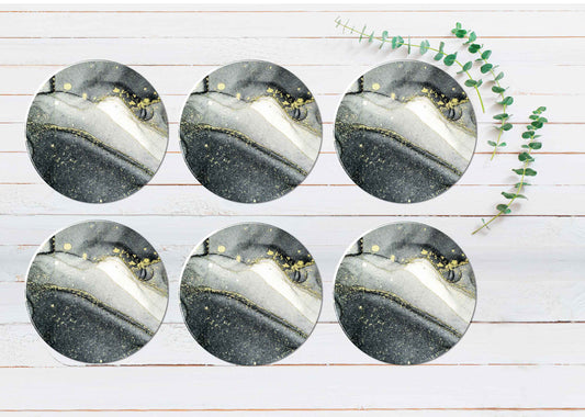 Gold Splash Grey Black Abstract Coasters Wood & Rubber - Set of 6 Coasters