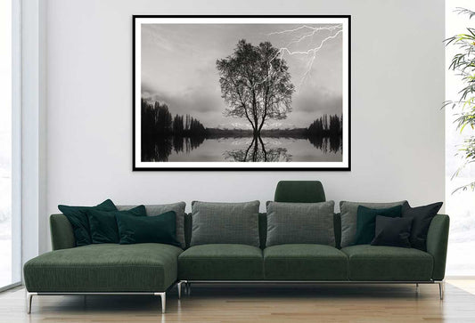 Tree on Lake & Thunderstorm B&W View Photograph Home Decor Premium Quality Poster Print Choose Your Sizes