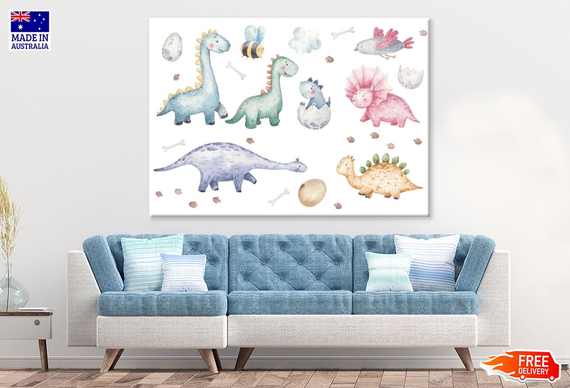 Colorful Dinosaurs Watercolor Painting Nursery & Kids Print 100% Australian Made
